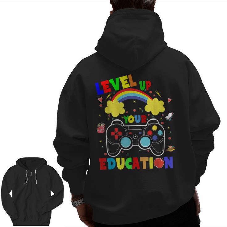 Level Up Your Education Gaming Inspired Teacher Gamers For Men Women Kids Men Zip Up Hoodie Back Print