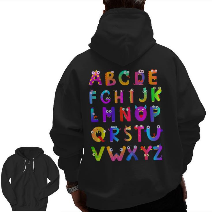 Monster ABC Cute Alphabet Halloween Teacher Costume Kids Men Zip Up Hoodie Back Print