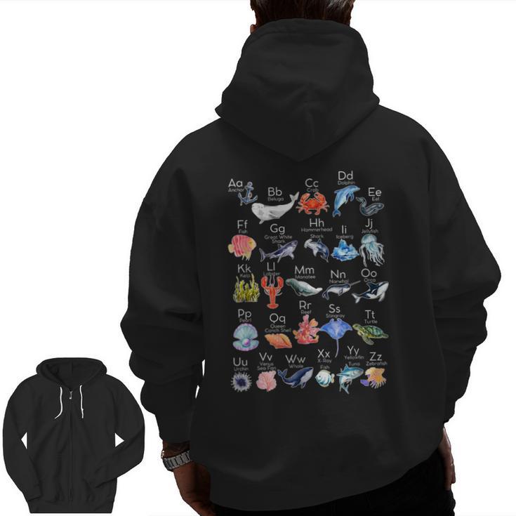 Ocean Animals Alphabet Cute Sea Life ABC Marine Kids Teacher Men Zip Up Hoodie Back Print