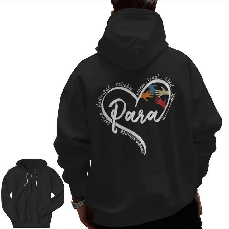 Para Heart Paraprofessional Teacher Paraeducator Men Zip Up Hoodie Back Print