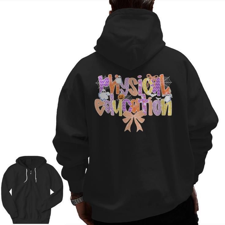 Physical Education Halloween Bow Checkered Teacher Ghost PE Men Zip Up Hoodie Back Print