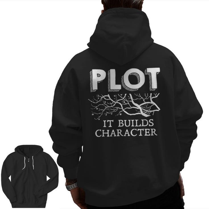 Plot It Builds Character Book Reading Teacher Men Zip Up Hoodie Back Print