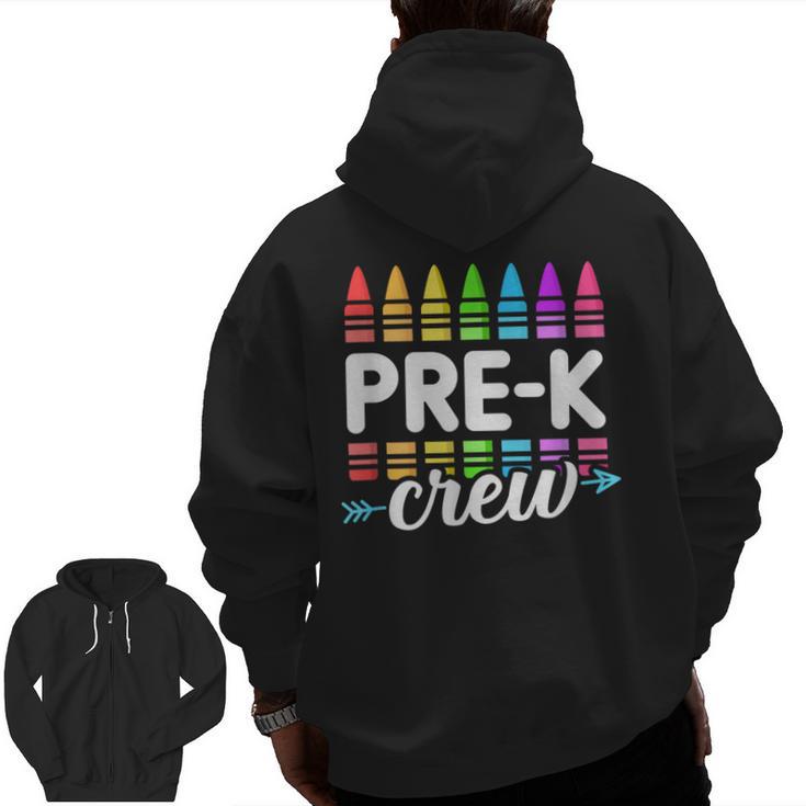 Pre-K Crew Teacher Team Squad Hello Back School Graduation Men Zip Up Hoodie Back Print