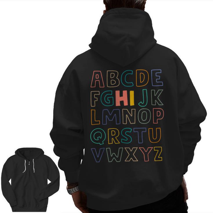 Pre K Kindergarten Hi Alphabet Back To School Teachers Men Women Girls Kids Men Zip Up Hoodie Back Print