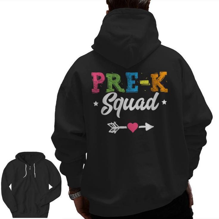 Pre-K Squad Teacher Student Kids Preschool Back To School Men Zip Up Hoodie Back Print