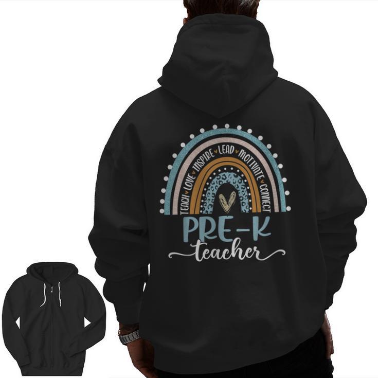 Pre-K Teacher Leopard Boho Rainbow Back To School Men Zip Up Hoodie Back Print