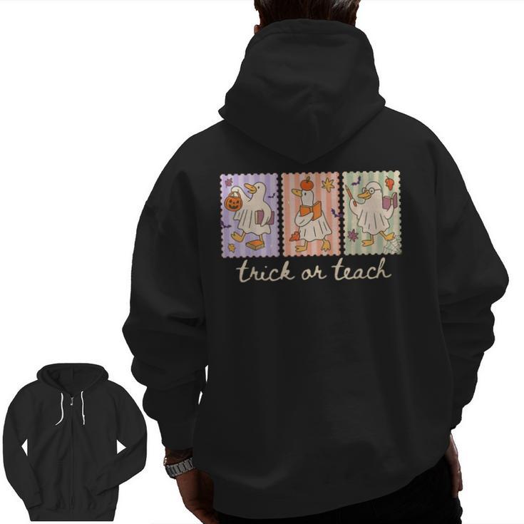 Preppy Goose Teacher Trick Or Teach Halloween Teacher Goose Men Zip Up Hoodie Back Print