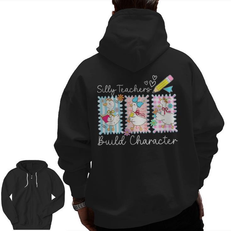 Preppy Silly Teacher Goose Build Character Back To School Men Zip Up Hoodie Back Print