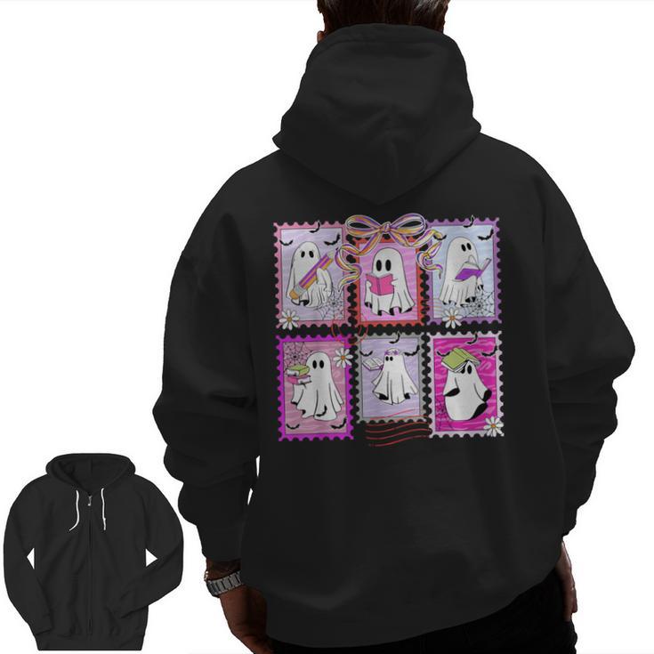 Preppy Spooky Teacher Halloween Ghost Coquette Bow Autumn Men Zip Up Hoodie Back Print