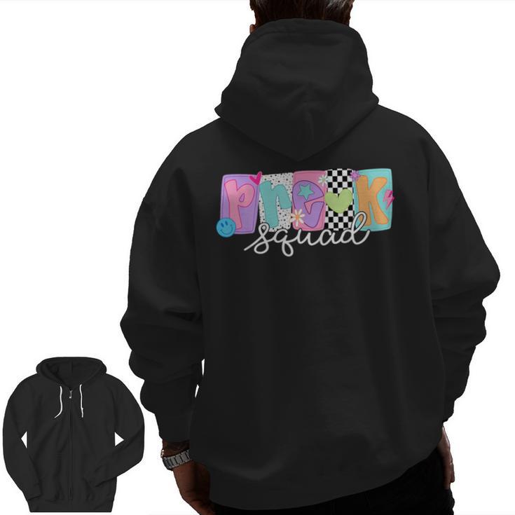 Preschool Squad Team Pre-K Crew Back To School Teacher Men Zip Up Hoodie Back Print