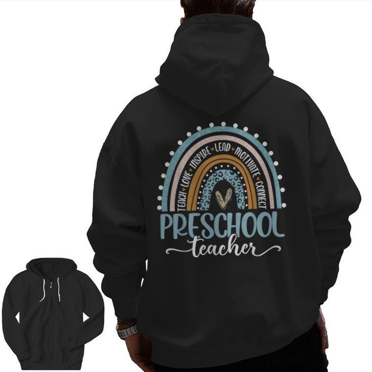 Preschool Teacher Leopard Boho Rainbow Back To School Men Zip Up Hoodie Back Print