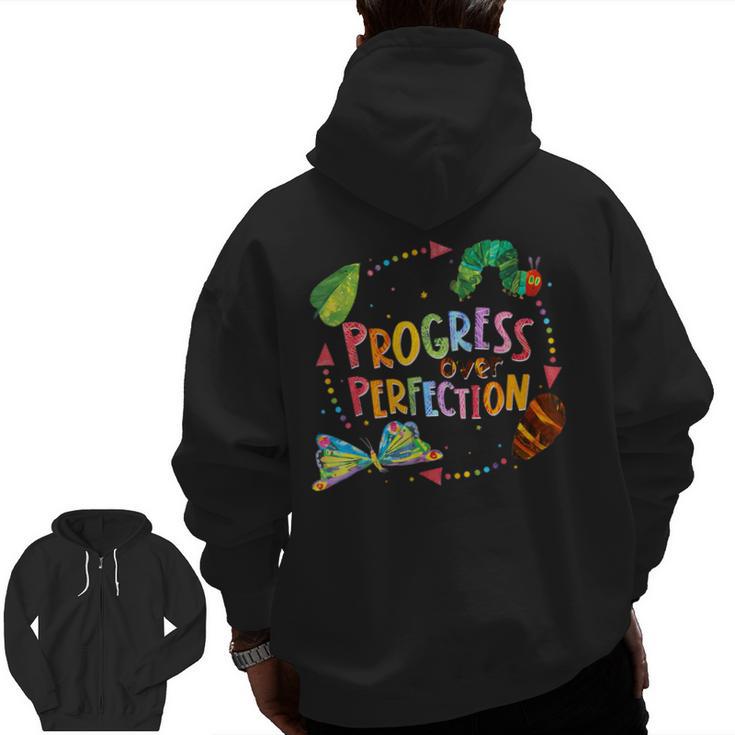 Progress Over Perfection Caterpillar Teacher Back To School Men Zip Up Hoodie Back Print