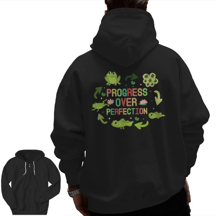 Progress Over Perfection Frog Back To School Teacher Men Zip Up Hoodie Back Print