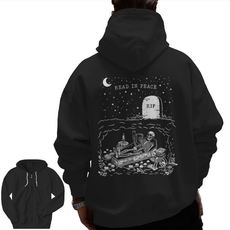 Read In Peace Skeleton Halloween Book Reading Spooky Teacher Men Zip Up Hoodie Back Print