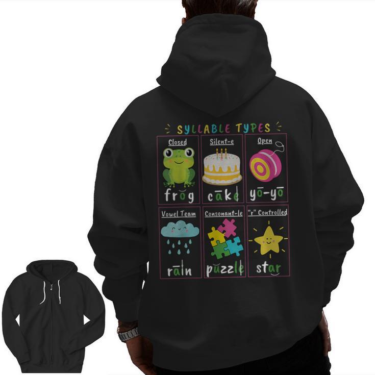 Reading Teacher Syllable Types Phonics Phonemic Awareness Men Zip Up Hoodie Back Print