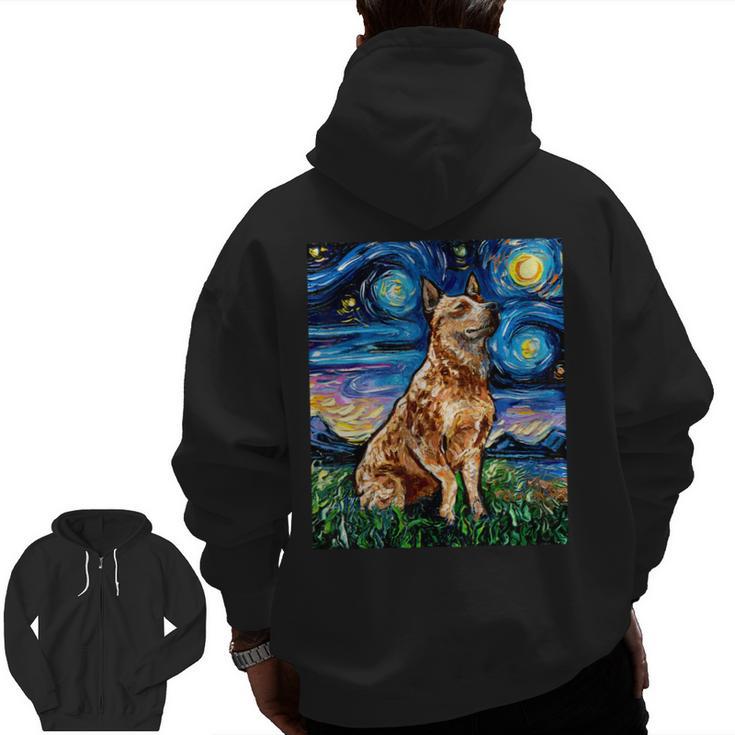 Red Heeler Starry Night Cattle Dog Colorful Art By Aja For Men Women Girls Kids Men Zip Up Hoodie Back Print