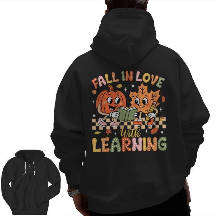 Retro Fall In Love With Learning Autumn Pumpkin Teacher Kids Men Zip Up Hoodie Back Print