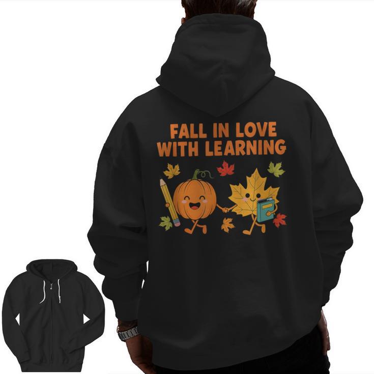 Retro Fall In Love With Learning Autumn Pumpkin Teacher Men Zip Up Hoodie Back Print