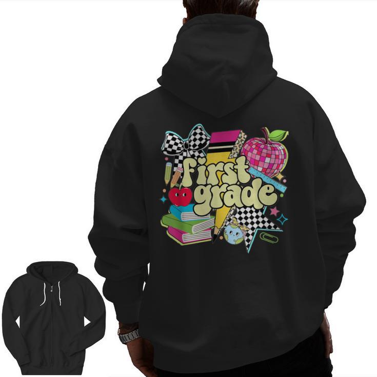 Retro First Grade Teacher Disco Ball Coquette Back To School Men Zip Up Hoodie Back Print