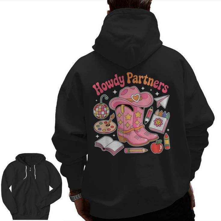 Retro Howdy Partners Cowgirl Cowboy Teacher Back To School Men Zip Up Hoodie Back Print