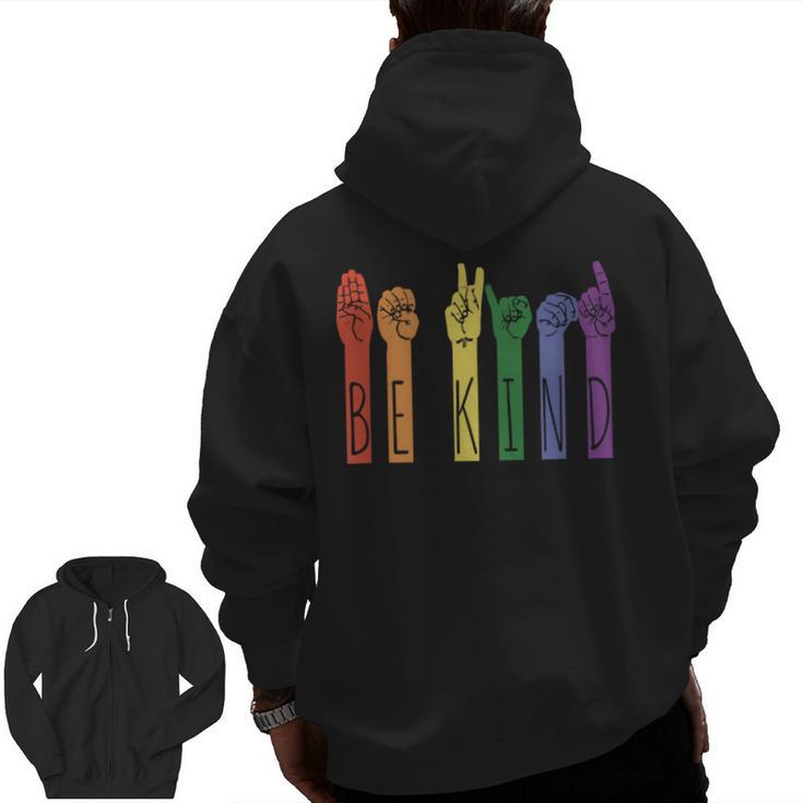Retro Be Kind ASL Deaf Teacher Sign Language Gay Pride Men Zip Up Hoodie Back Print