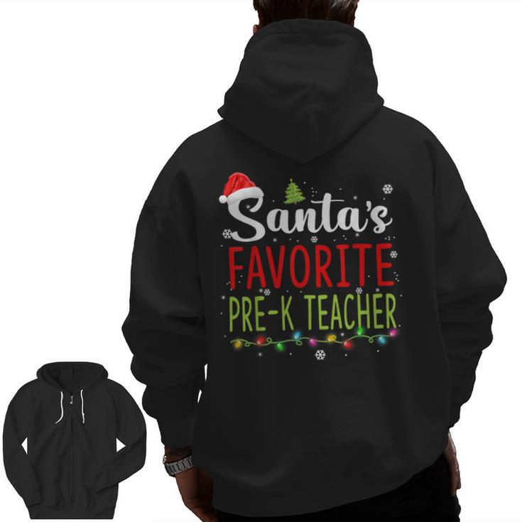 Santa's Favorite Pre-K Teacher Christmas Santa Hat Lights For Men Women Kids Men Zip Up Hoodie Back Print