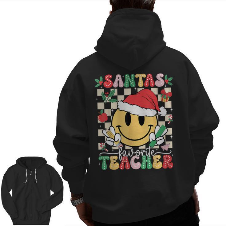Santas Favorite Teacher Retro Groovy Smile Face Christmas Men Zip Up Hoodie Back Print