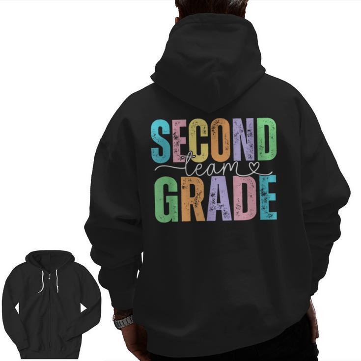 Second Grade Team Heart Teacher Student Back To School Girls Men Zip Up Hoodie Back Print