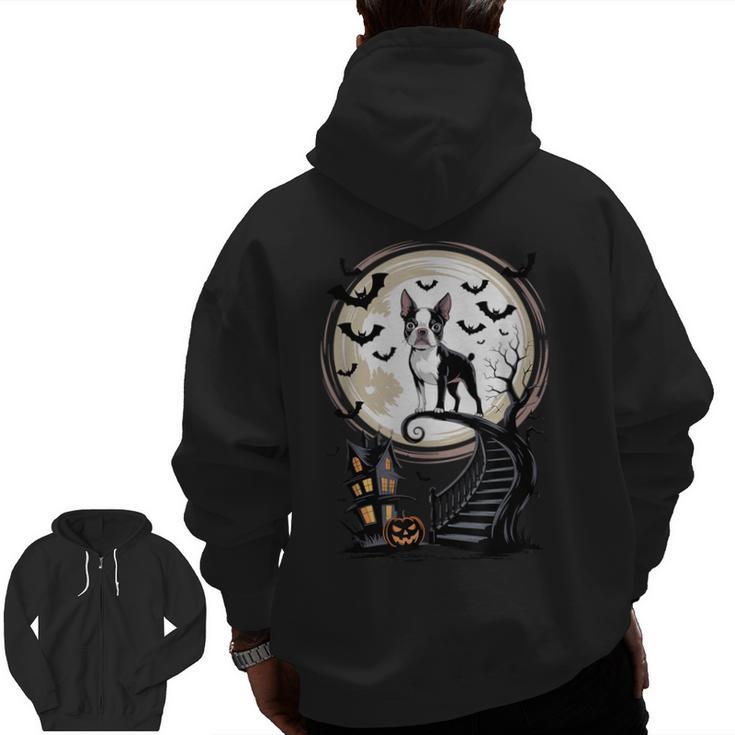 Spooky Halloween Moon Boston Terrier Boston Bull Bostie Men Zip Up Hoodie Back Print