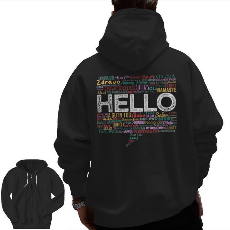 Start With Hello Different World Language Learning Teacher Men Zip Up Hoodie Back Print