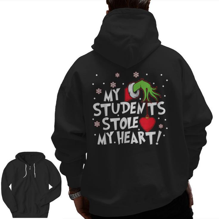 My Students Stole My Heart School Teacher Christmas Men Women Kids Men Zip Up Hoodie Back Print