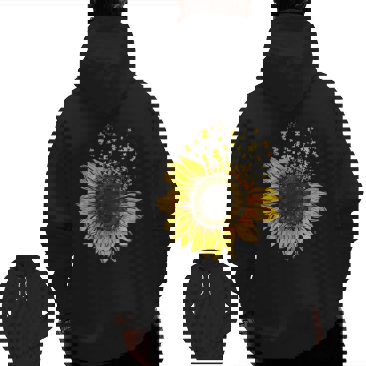 Sunflower Puzzle Pieces Autism Awareness For Mom Teacher For Women Men Zip Up Hoodie Back Print