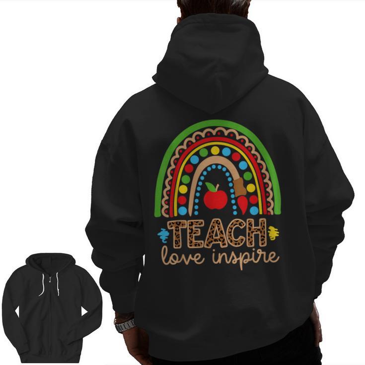 Teach Love Inspire Rainbow Leopard Cheetah Print Teacher Men Zip Up Hoodie Back Print
