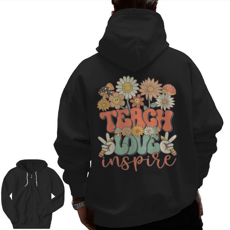 Teach Love Inspire Retro Groovy Daisy Back To School Teacher For Men Women Kids Men Zip Up Hoodie Back Print