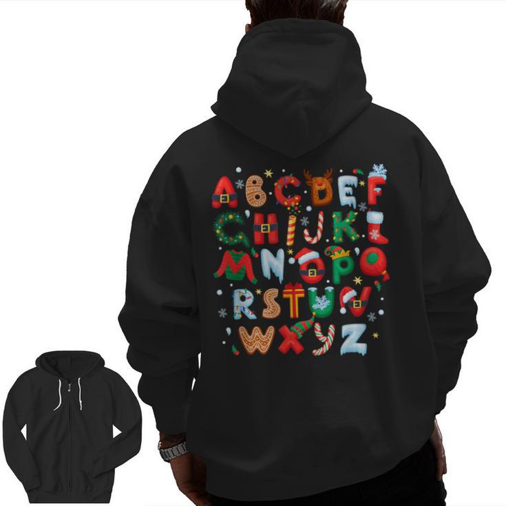 Teacher Christmas Alphabet Back To School Holiday Learning Men Zip Up Hoodie Back Print