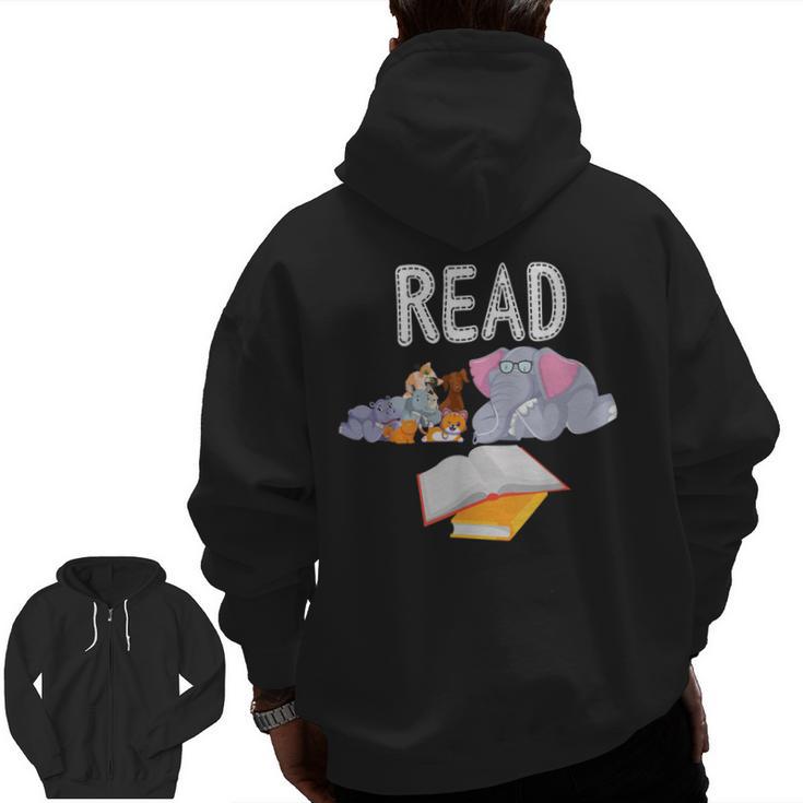 Teacher Library Read Book Club Piggie Elephant Pigeons Men Women Kids Men Zip Up Hoodie Back Print