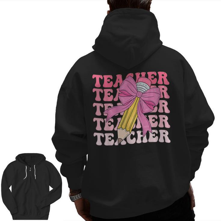 Teacher Pencil Back To School Groovy Pink Teacher First Day Men Zip Up Hoodie Back Print