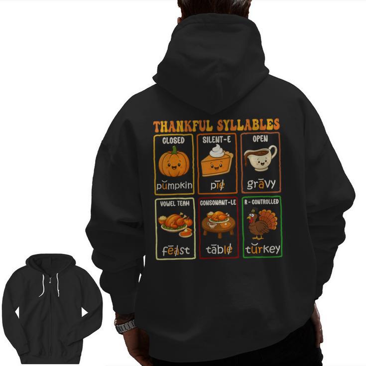 Thankful Syllables Thanksgiving Phonics Reading Teacher Fall Men Zip Up Hoodie Back Print
