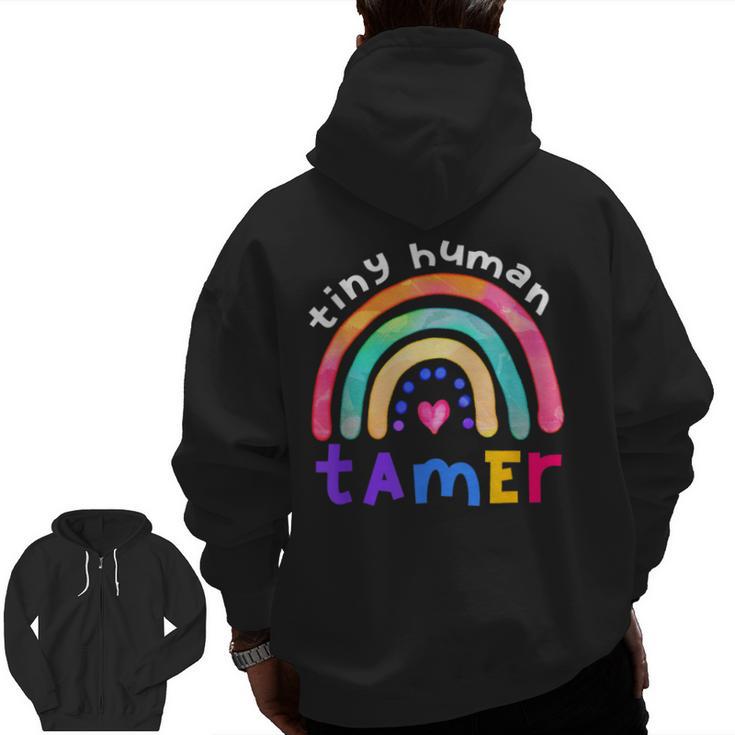 Tiny Human Tamer Watercolor Rainbow Daycare Teacher Men Zip Up Hoodie Back Print