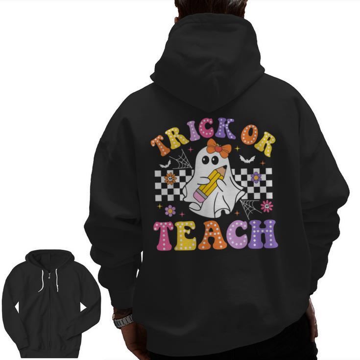 Trick Or Teach Groovy Halloween Teachers Men Zip Up Hoodie Back Print