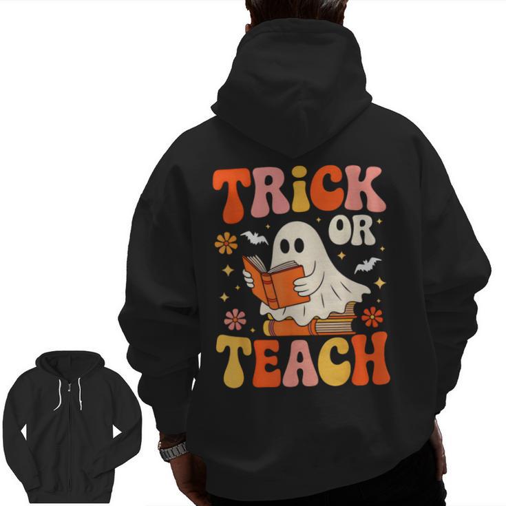 Trick Or Teach Halloween Shirt For Teacher Kids Floral Ghost Men Zip Up Hoodie Back Print