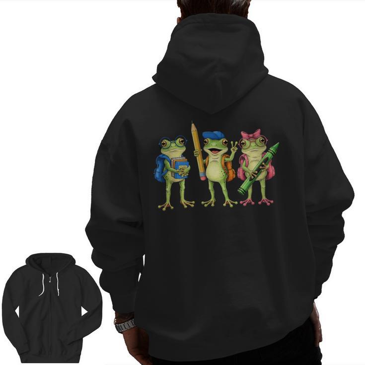 Trio Cute Frogs Welcome Back To School Teachers Girls Boys Men Zip Up Hoodie Back Print