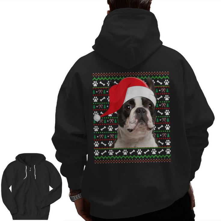 Ugly Xmas Sweater Santa Boston Terrier Dog Christmas For Men Women Kids Men Zip Up Hoodie Back Print