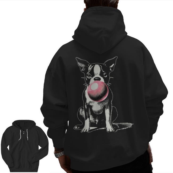 Vintage Boston Terrier Blowing Bubble Gum American Gentleman Men Zip Up Hoodie Back Print