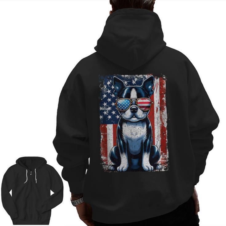 Vintage Boston Terrier Dog American USA US Flag Pets Lovers Men Zip Up Hoodie Back Print