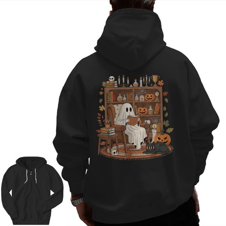 Vintage Ghost Book Reading Pumpkin Gothic Halloween Teachers Men Zip Up Hoodie Back Print