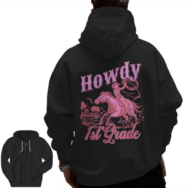 Vintage Howdy First Grade Cowgirl Teacher Western School Men Zip Up Hoodie Back Print