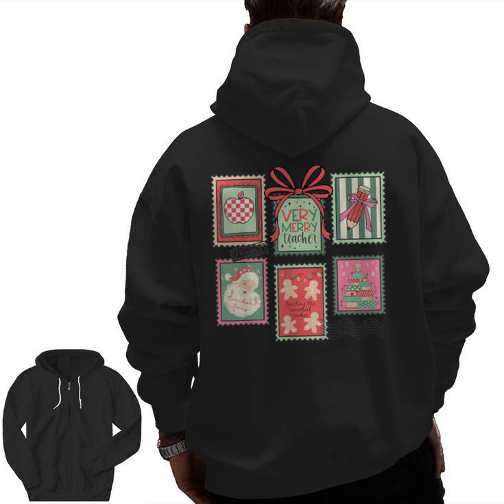 Vintage Preppy Very Merry Teacher Santa Stamps Christmas Men Zip Up Hoodie Back Print
