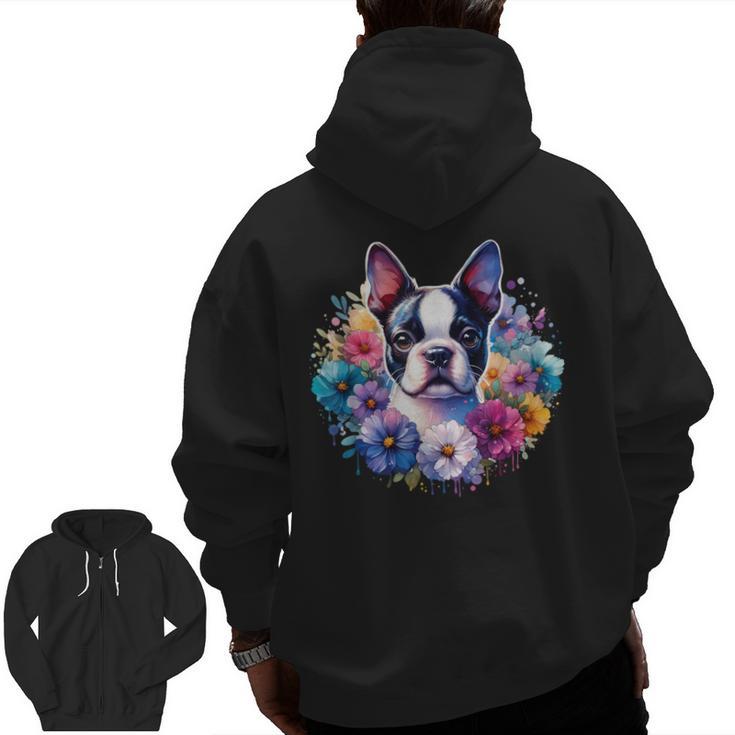 Watercolor Floral Boston Terrier Mama Dog Lover Mother's Day Men Zip Up Hoodie Back Print