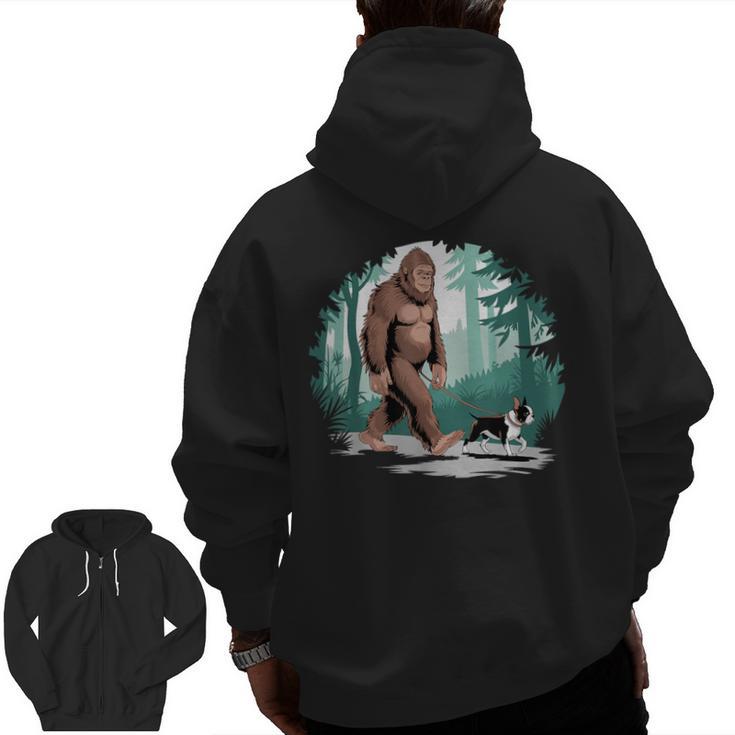 Whimsical Forest Adventures Sasquatch Bigfoot Walking Boston Terrier Dog Lovers Men Zip Up Hoodie Back Print